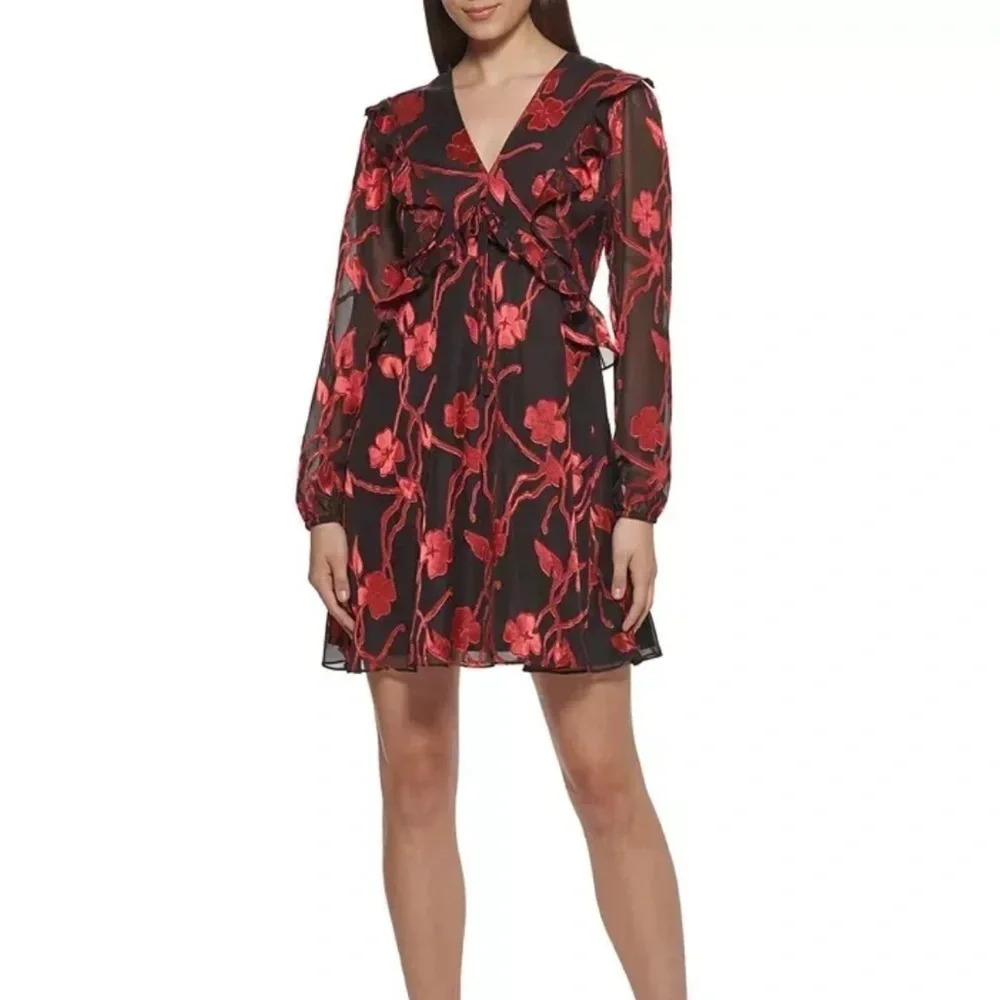 KENSIE Floral Chiffon Flowy Romantic Red Ruffles Mini Dress